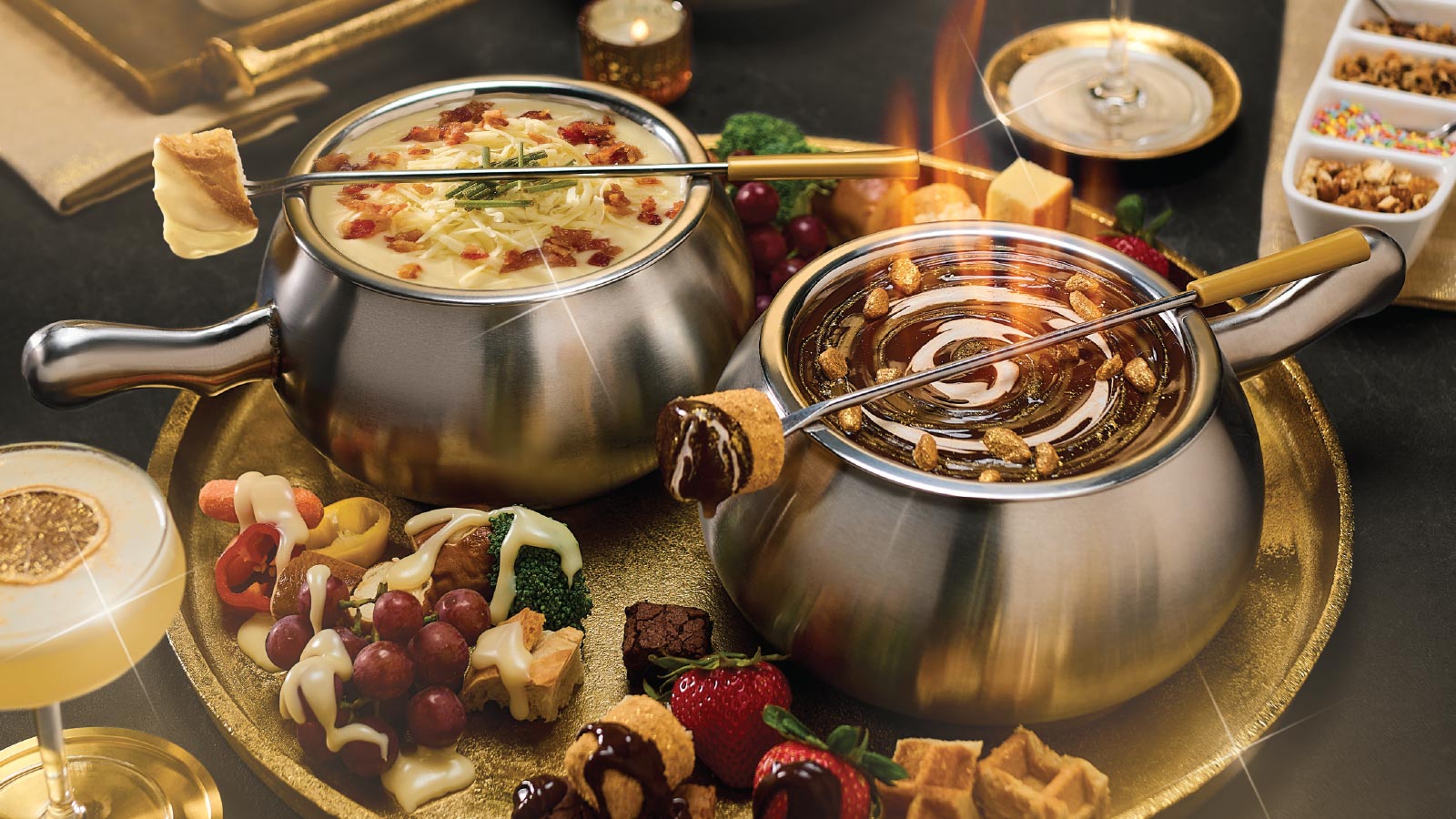 a bowl of food with a skewer and a candle
