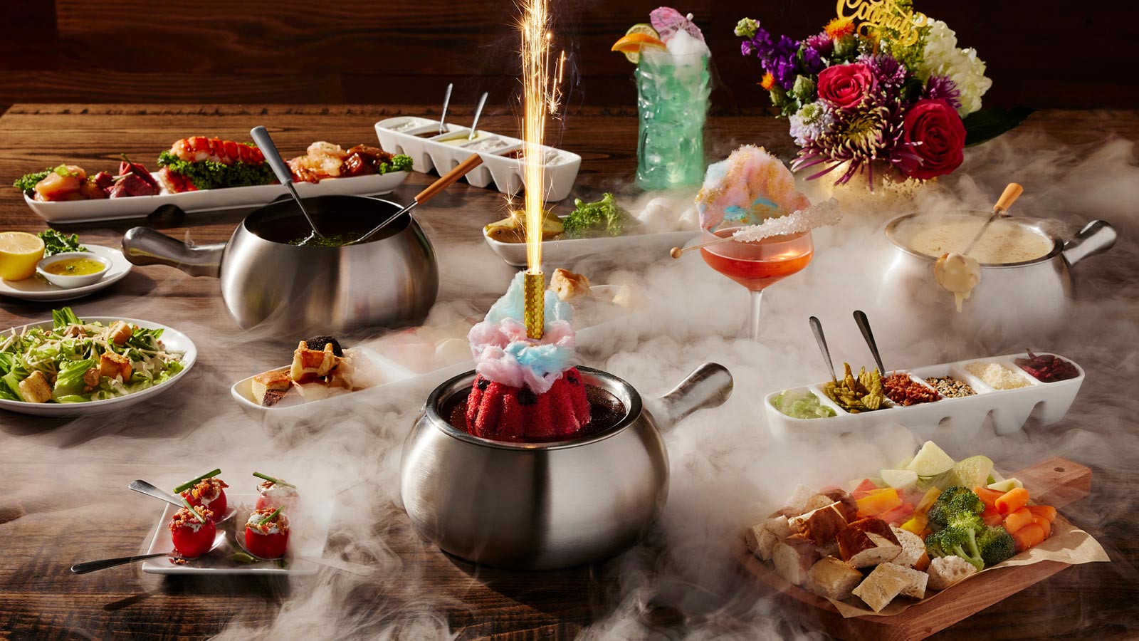 a table with food and drinks